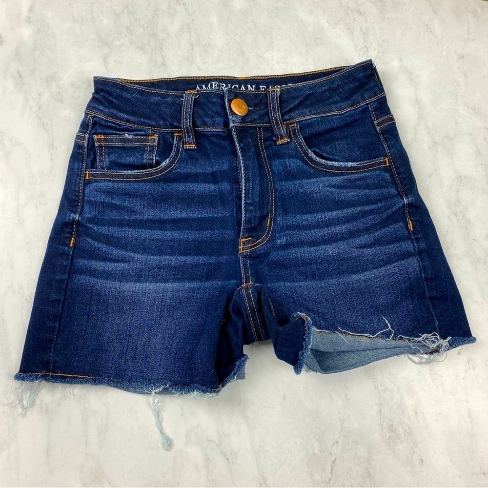 American Eagle: Super Stretch High Rise Shortie Dark Wash Denim Jean Shorts 0